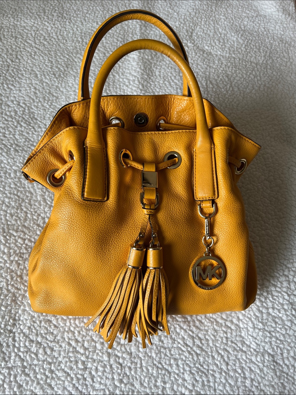 Michael Kors Mustard Drawstring Tassel Leather Hobo